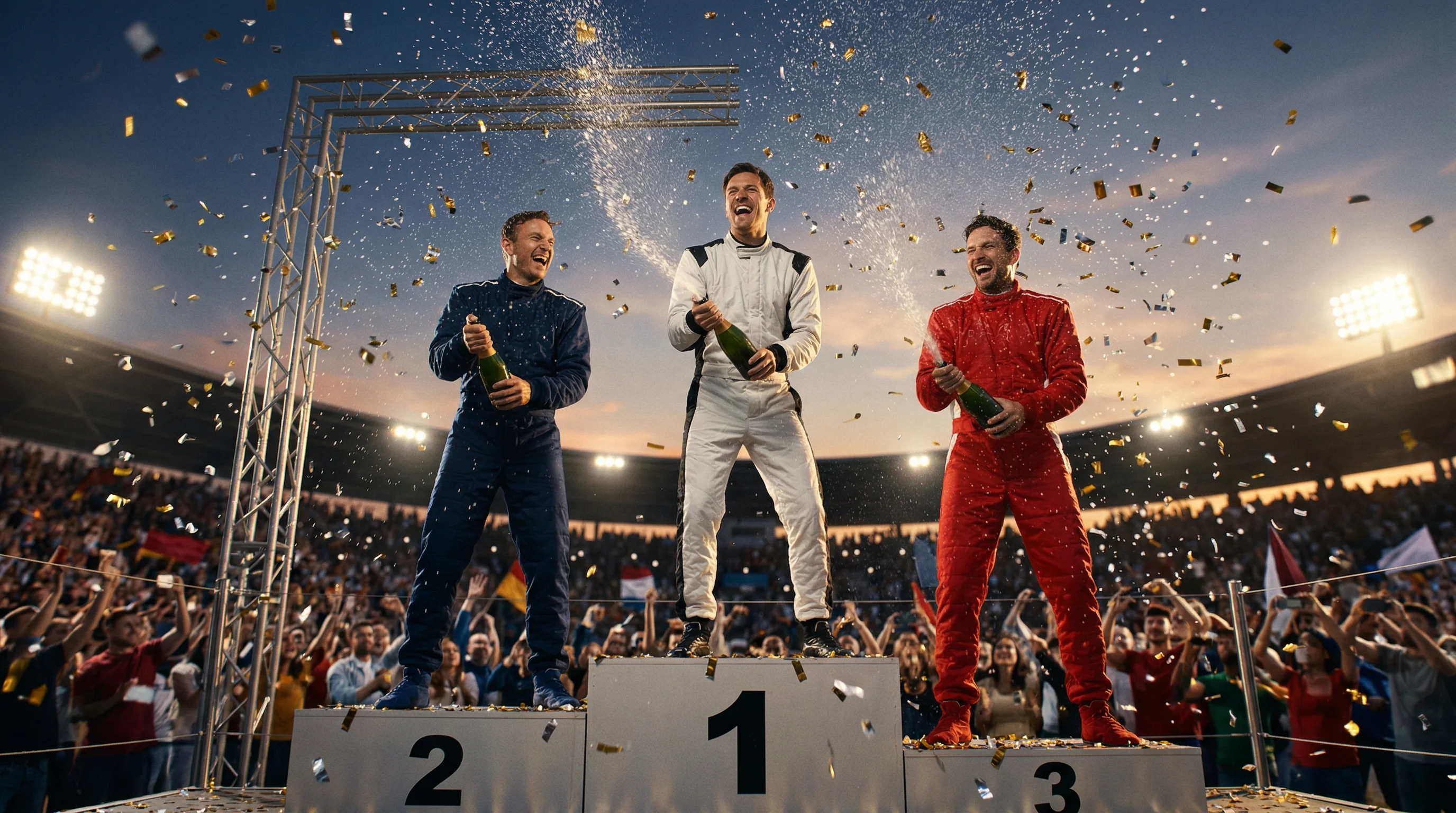 F1-coureur op podium met quoteringen overlay op scherm