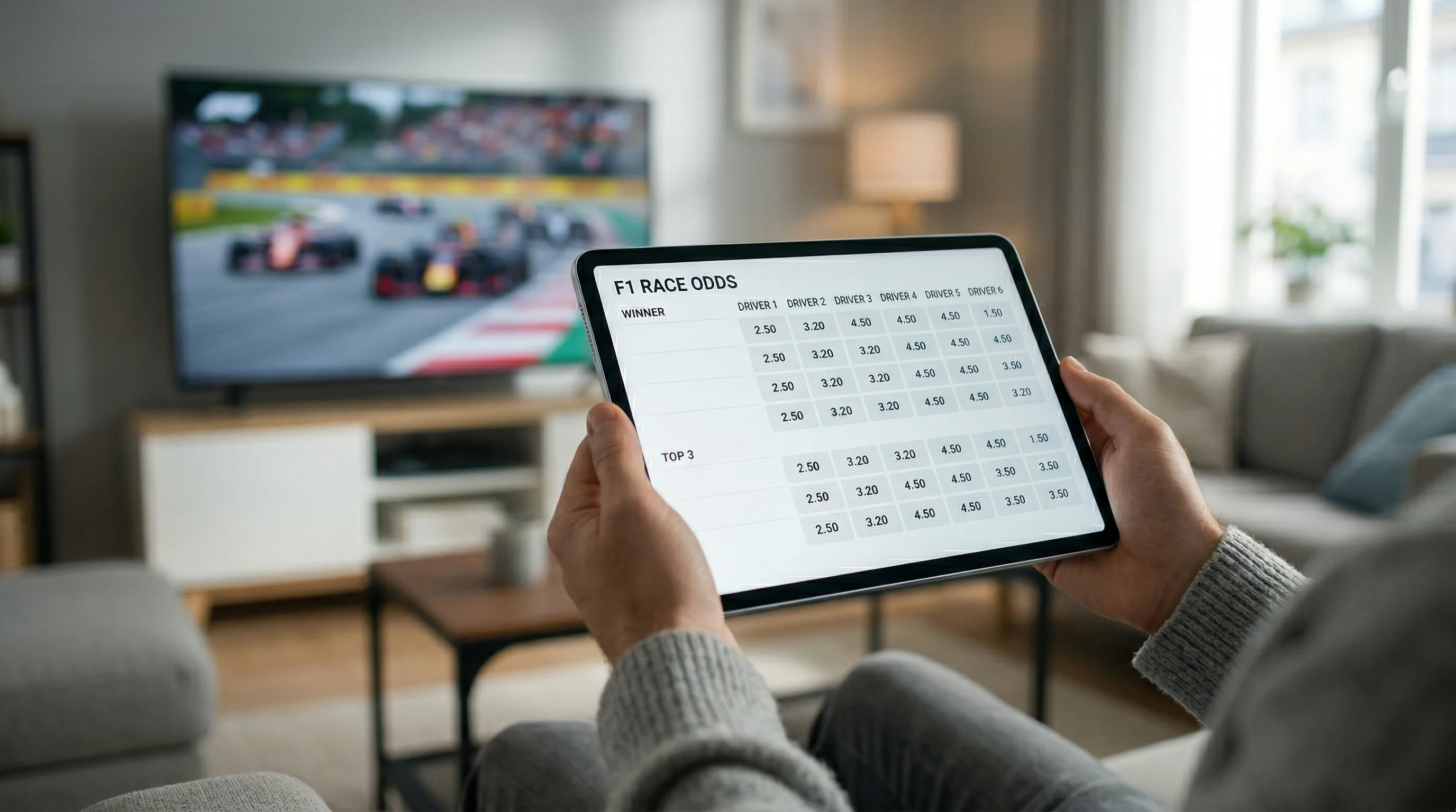 F1-odds vergelijken op tablet met Grand Prix op achtergrond
