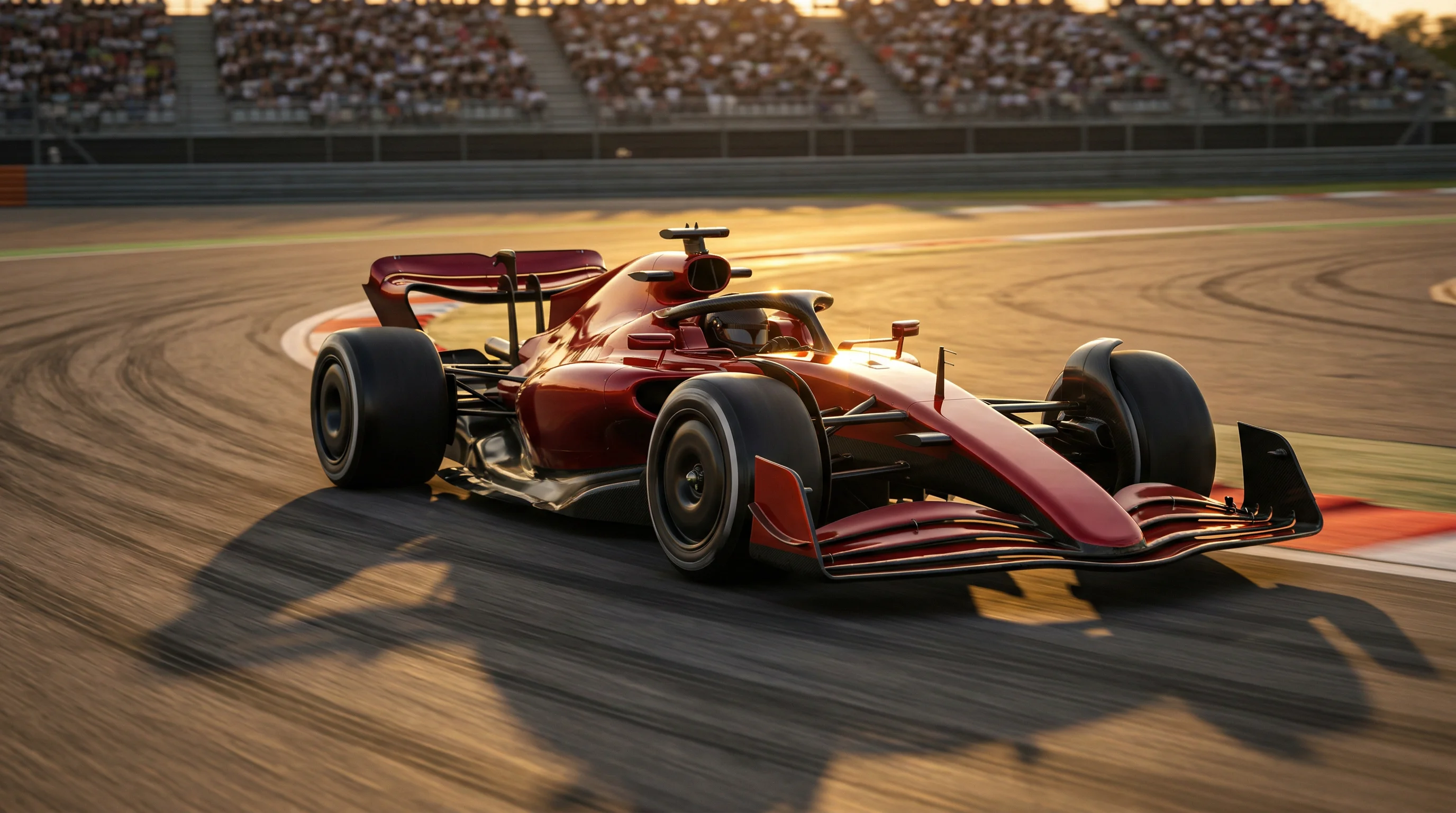 Formule 1 bolide racet over het circuit bij zonsondergang tijdens Grand Prix